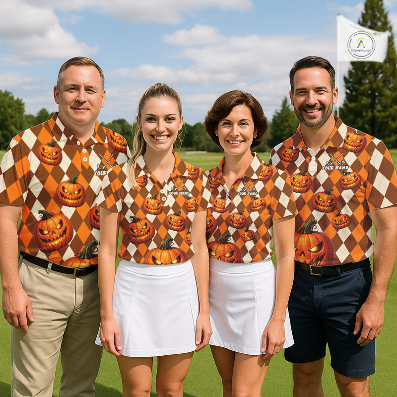 Personalized Halloween Pumpkin Men Golf Polo Shirt Custom Team Name Argyle Golf Shirt NHT1299