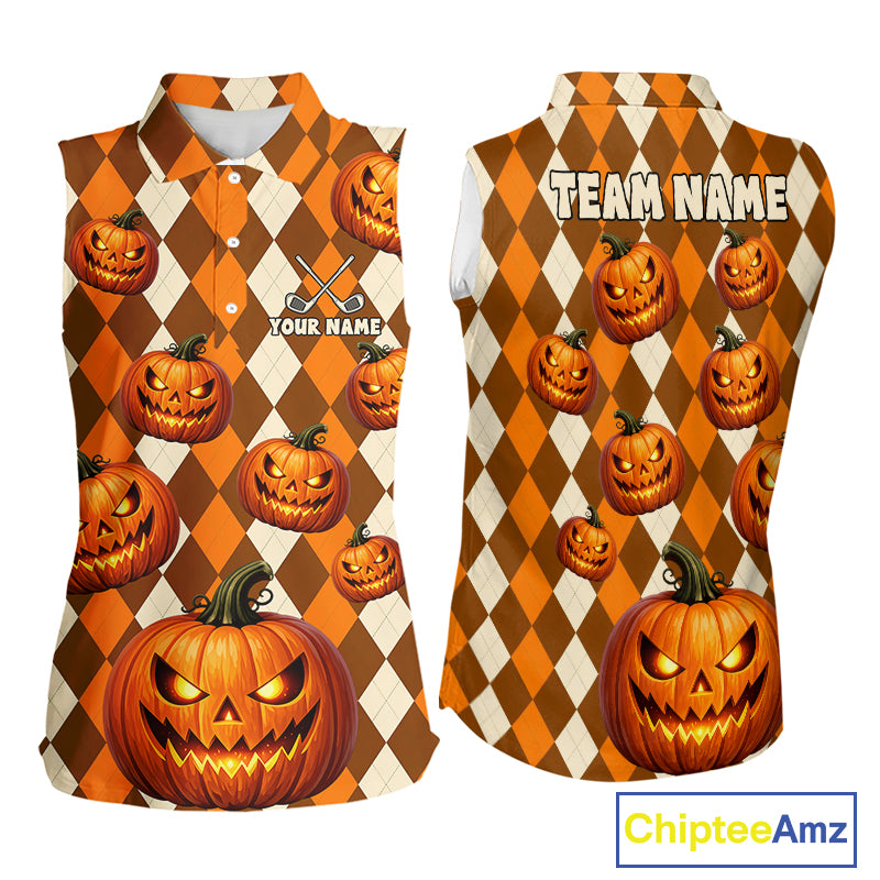 Front and back views of a sleeveless collared polo shirt with an all-over Halloween theme. The design features a brown and cream harlequin diamond pattern overlaid with orange jack-o'-lantern pumpkins, with 'YOUR NAME' and 'TEAM NAME' printed on the chest and back respectively.