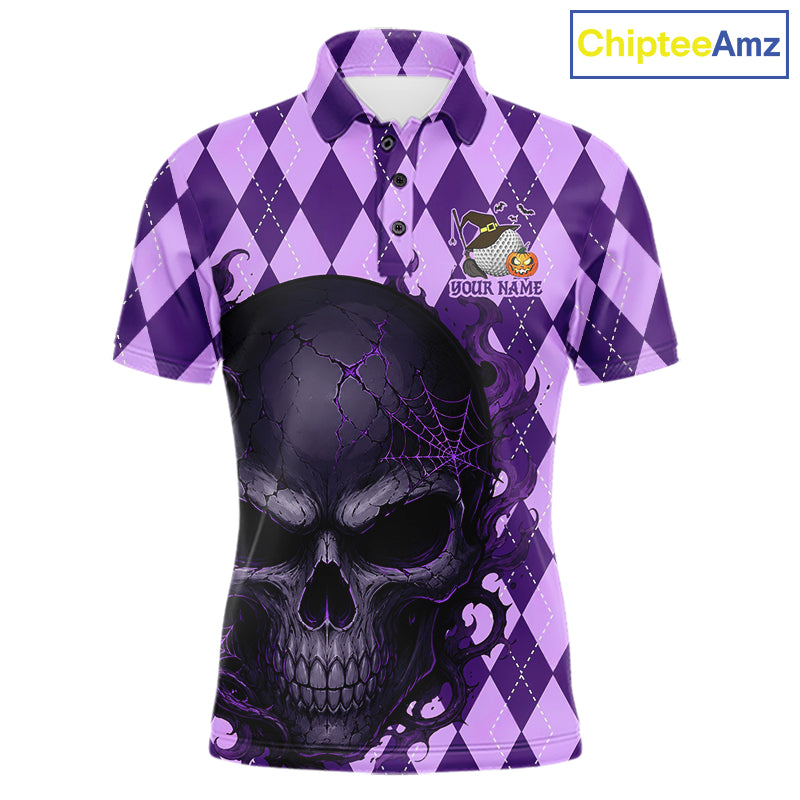 A purple and lavender short-sleeve polo shirt with a large black and purple skull graphic on the front, a purple harlequin diamond pattern on the sleeves and upper body, and a customizable chest print. The ChipteeAmz logo is visible in the top right corner.