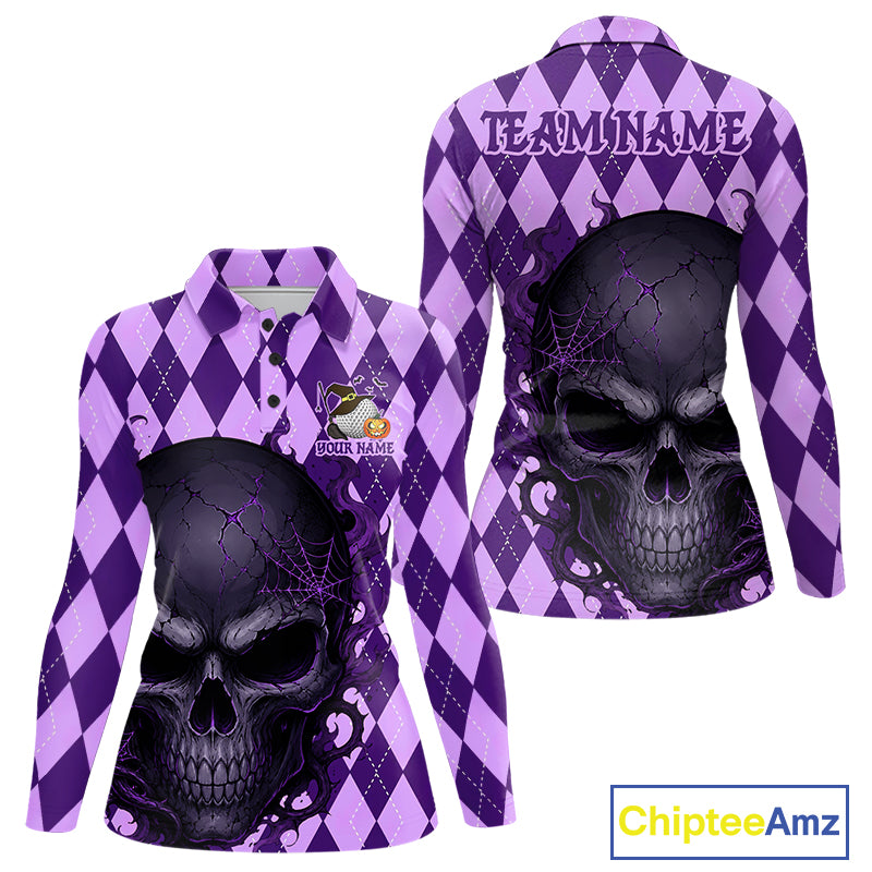 A long-sleeve polo shirt shown from both front and back on a white background. The shirt features a purple and lavender harlequin pattern with a large black and purple skull graphic across the chest and back, plus customizable text areas reading TEAMNAME and YOUR NAME.