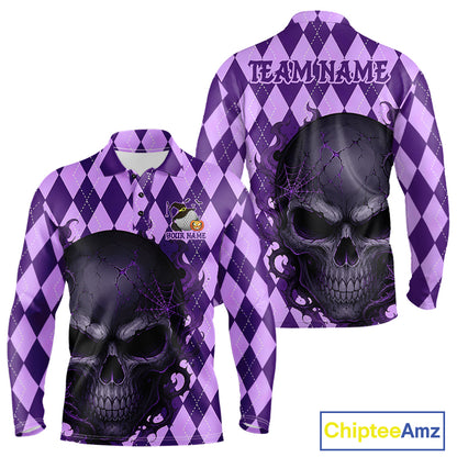 A purple and lavender argyle long-sleeve polo shirt with a large black and purple skull graphic on the front and back, plus 'TEAMNAME' text on the back collar area. The shirt is shown from both front and back on a white background, with a ChipteeAmz logo in the bottom right corner.