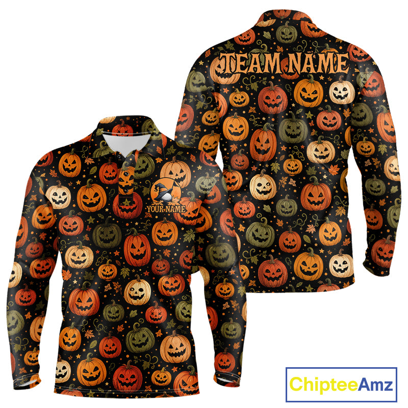 A long-sleeve collared shirt shown from the front and back on a white background, featuring an all-over Halloween pumpkin print on a black base. The back has 'TEAM NAME' printed in orange at the shoulders, and the front has a small chest graphic with placeholder text.