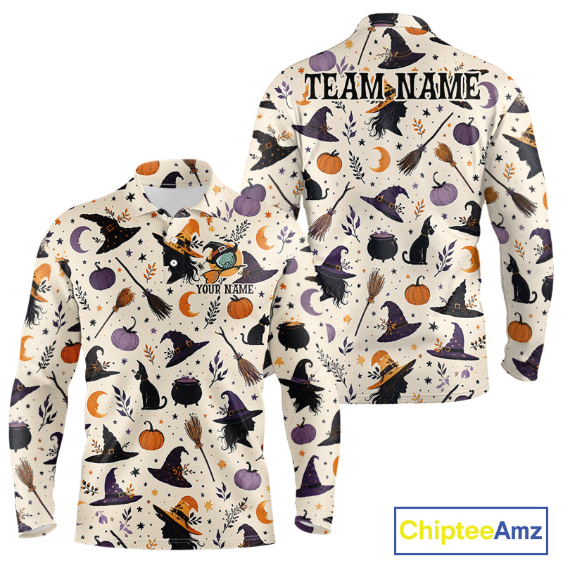 A long-sleeve Halloween-themed shirt shown from both front and back on a white background. The shirt has an off-white base with a repeating pattern of witches, black cats, pumpkins, cauldrons, broomsticks, and stars in black, purple, orange, and gray.