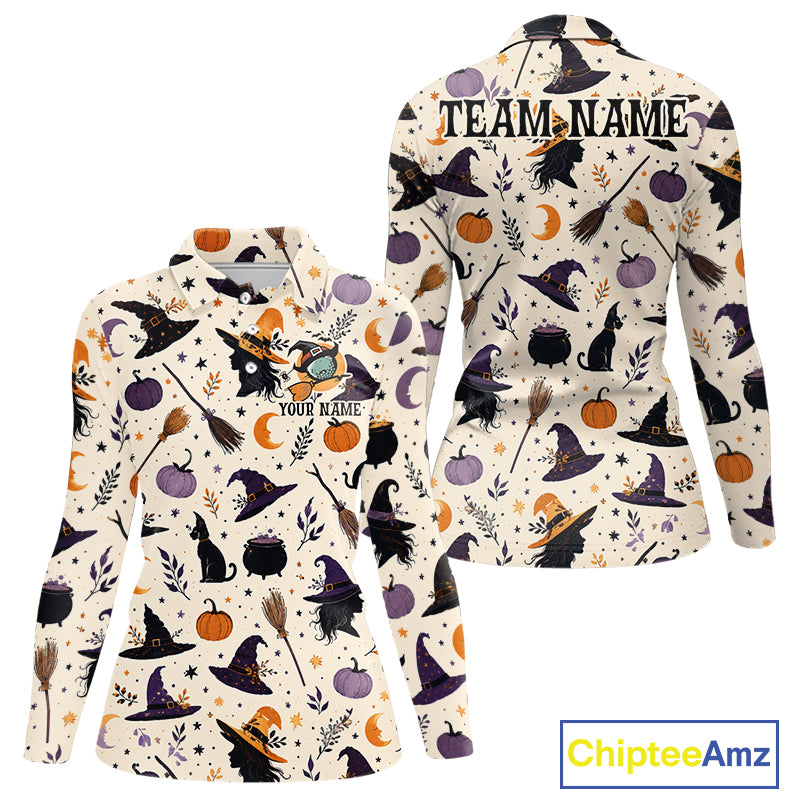 A long-sleeve women's collared shirt shown from both front and back on a white background. The shirt has an all-over Halloween-themed print with witches, broomsticks, cauldrons, pumpkins, cats, stars, and leaves in black, purple, orange, and gray on a cream base.