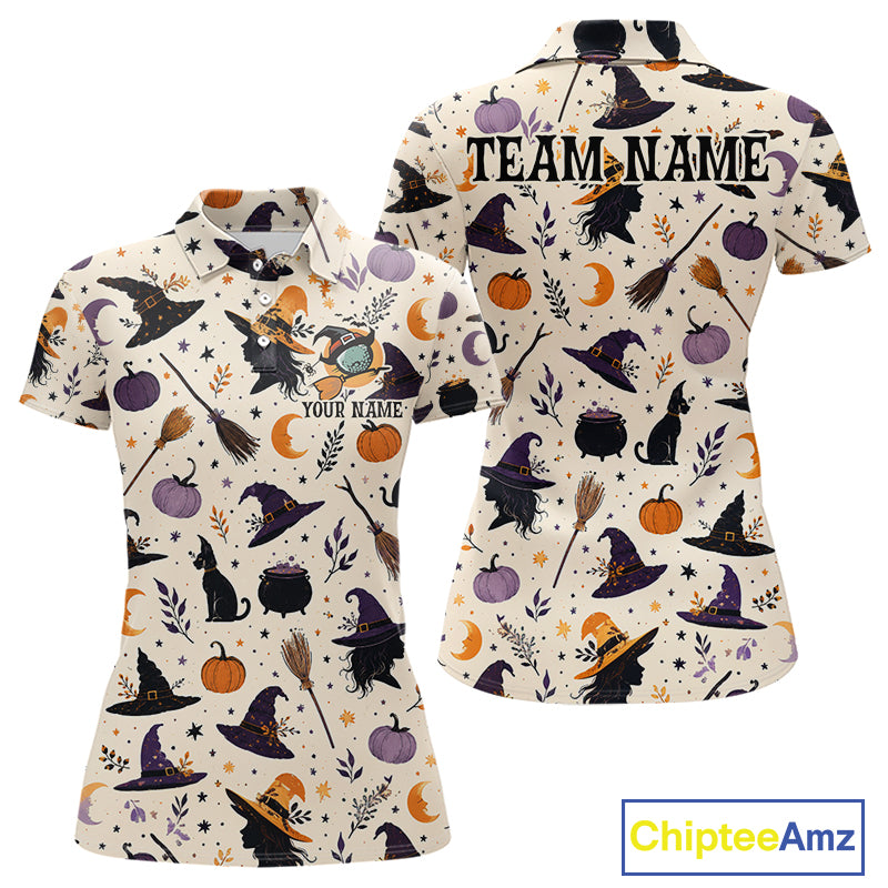 A women's short-sleeve polo shirt shown from the front and back on a white background. The shirt has an all-over Halloween print with witch hats, cauldrons, broomsticks, pumpkins, cats, stars, and crescent moons on a cream base.