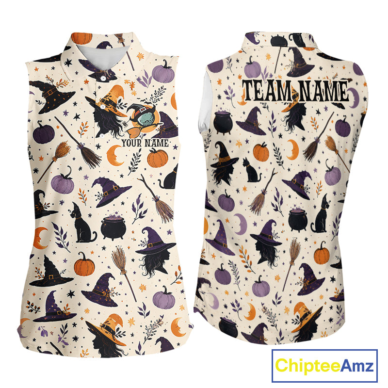 Front and back views of a sleeveless collared top with a Halloween-themed print featuring witch hats, cauldrons, broomsticks, pumpkins, cats, and stars on an off-white background. The front has placeholder text 'YOUR NAME' and 'TEAM NAME', and a 'ChipteeAmz' watermark is visible in the bottom right corner.