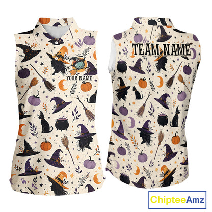 Front and back views of a sleeveless collared top with a Halloween-themed print featuring witch hats, cauldrons, broomsticks, pumpkins, cats, and stars on an off-white background. The front has placeholder text 'YOUR NAME' and 'TEAM NAME', and a 'ChipteeAmz' watermark is visible in the bottom right corner.