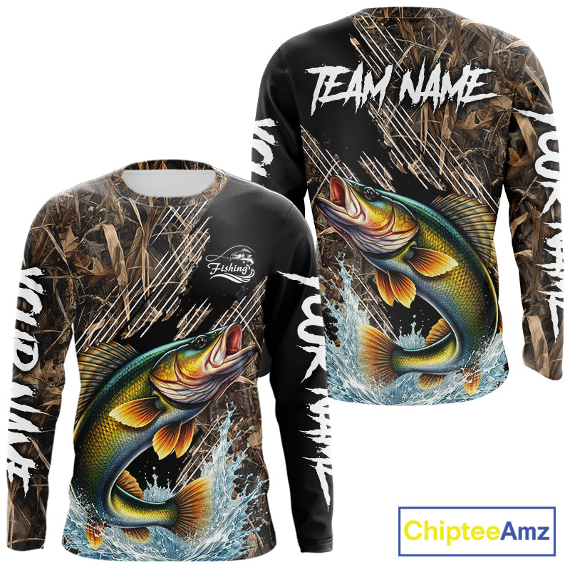 Walleye Fishing Shirts Long Sleeve Camouflage For Men, Walleye Fishing Apparel NHT434