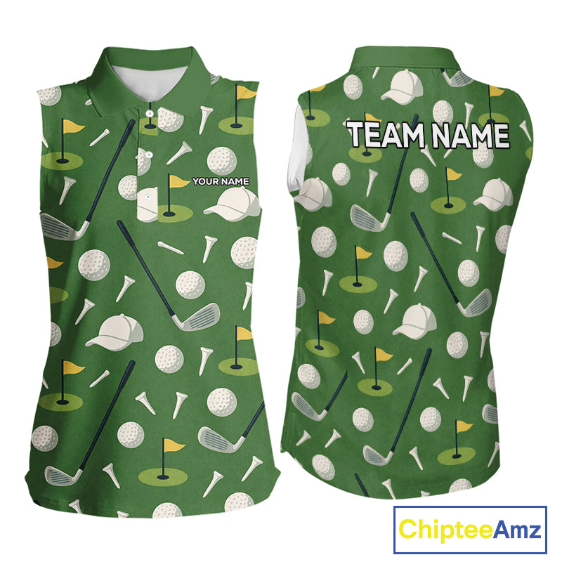 Green Golf Pattern Sleeveless Polo Golf Shirt For Womens Custom Golf Clothes, Best Golf Gifts NHT621