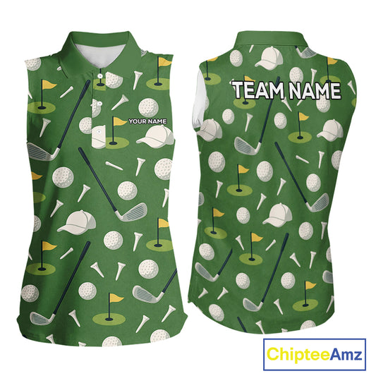 Green Golf Pattern Sleeveless Polo Golf Shirt For Womens Custom Golf Clothes, Best Golf Gifts NHT621