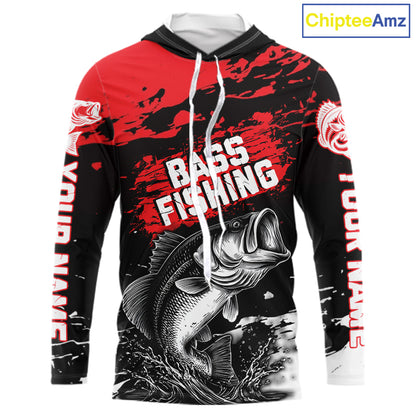 Custom Bass Fishing Jersey, Black And Red Bass Long Sleeve With Hood Tournament Fishing Shirts NHT492