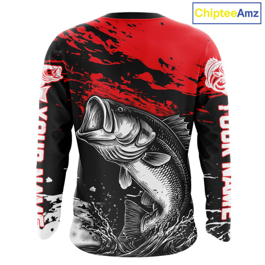 Custom Bass Fishing Jersey, Black And Red Bass Long Sleeve Tournament Fishing Shirts NHT492
