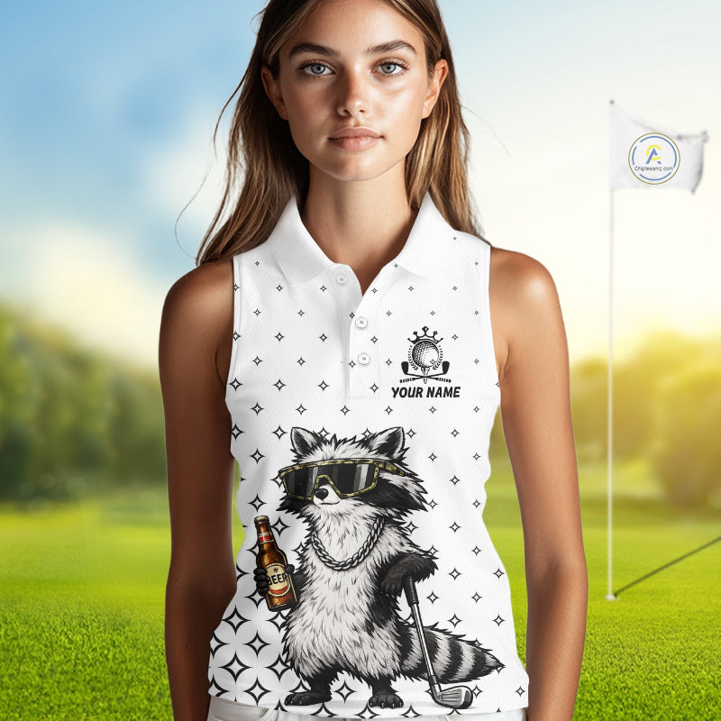 Person wearing a sleeveless polo shirt with a raccoon graphic on a golf course background