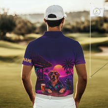 Load image into Gallery viewer, Man wearing a purple golf shirt with a dog design on a golf course
