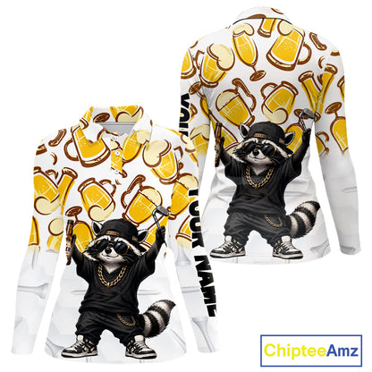 Funny Raccoon Beer Golf Polo Shirt Personalized Name Custom Golf Shirt Golfer Gift For Womens