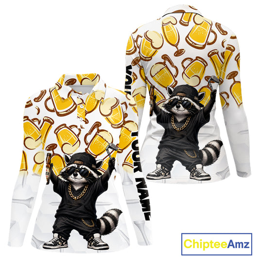 Funny Raccoon Beer Golf Polo Shirt Personalized Name Custom Golf Shirt Golfer Gift For Womens