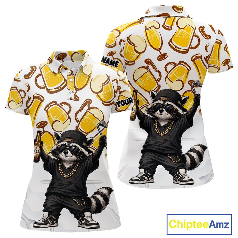 Funny Raccoon Beer Golf Polo Shirt Personalized Name Custom Golf Shirt Golfer Gift For Womens