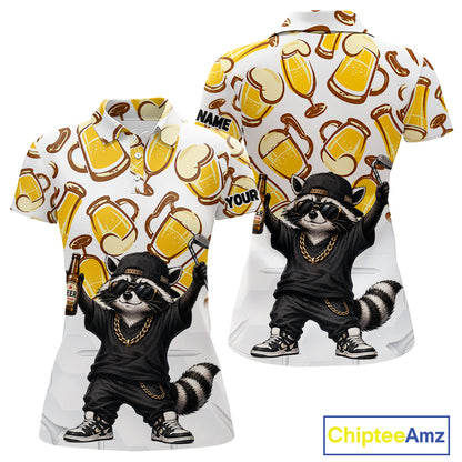 Funny Raccoon Beer Golf Polo Shirt Personalized Name Custom Golf Shirt Golfer Gift For Womens