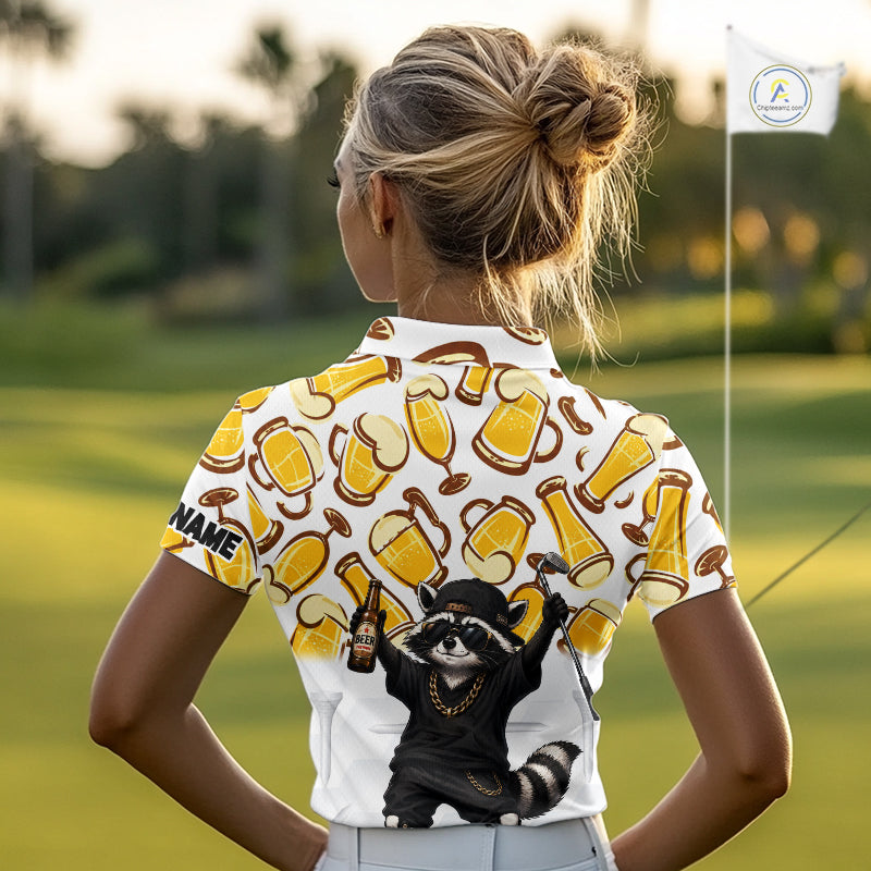 Funny Raccoon Beer Golf Polo Shirt Personalized Name Custom Golf Shirt Golfer Gift For Womens