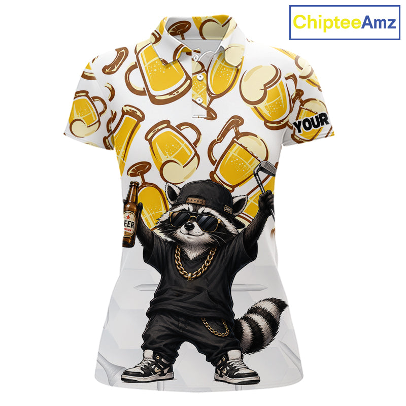 Funny Raccoon Beer Golf Polo Shirt Personalized Name Custom Golf Shirt Golfer Gift For Womens