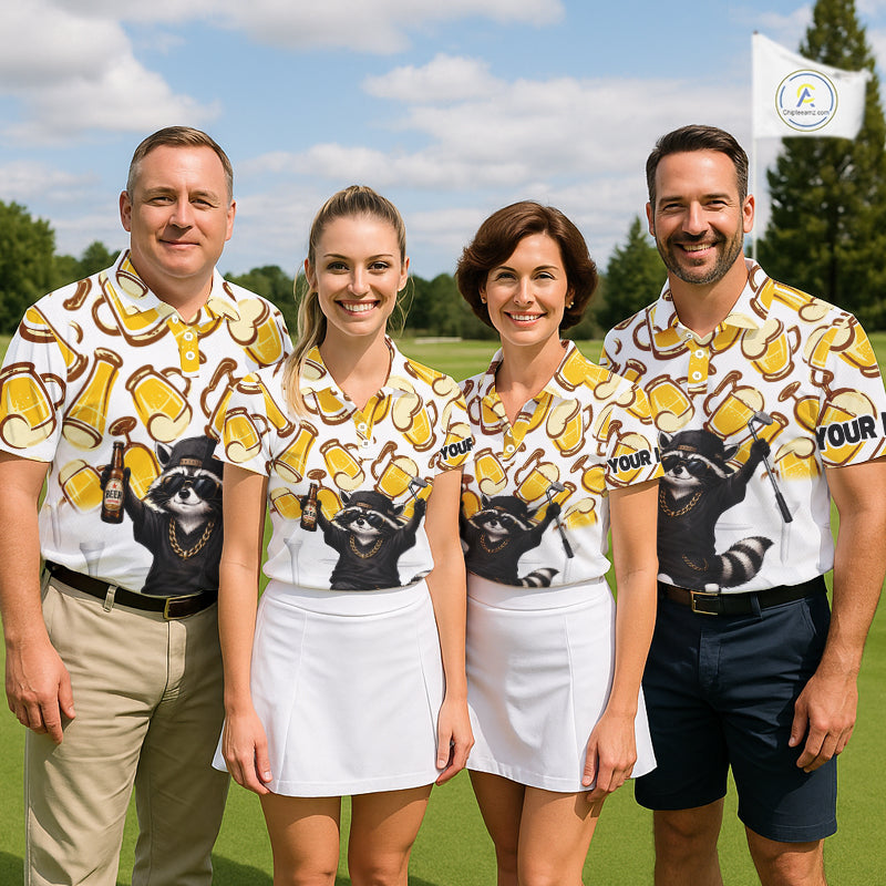 Funny Raccoon Beer Golf Polo Shirt Personalized Name Custom Golf Shirt Golfer Gift For Womens NHT1002