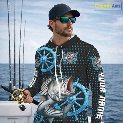 Personalized Striped Bass Fishing Jerseys, Hooded Bass Performance Fishing Shirt Custom Name NHT501