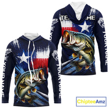 Load image into Gallery viewer, Personalized Bass Long Sleeve Performance Fishing Shirts, Hooded Bass Custom Texas Fishing Jersey  NHT502
