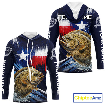 Personalized Flounder Long Sleeve Performance Fishing Shirts, Hooded Flounder Custom Texas Fishing Jersey NHT504