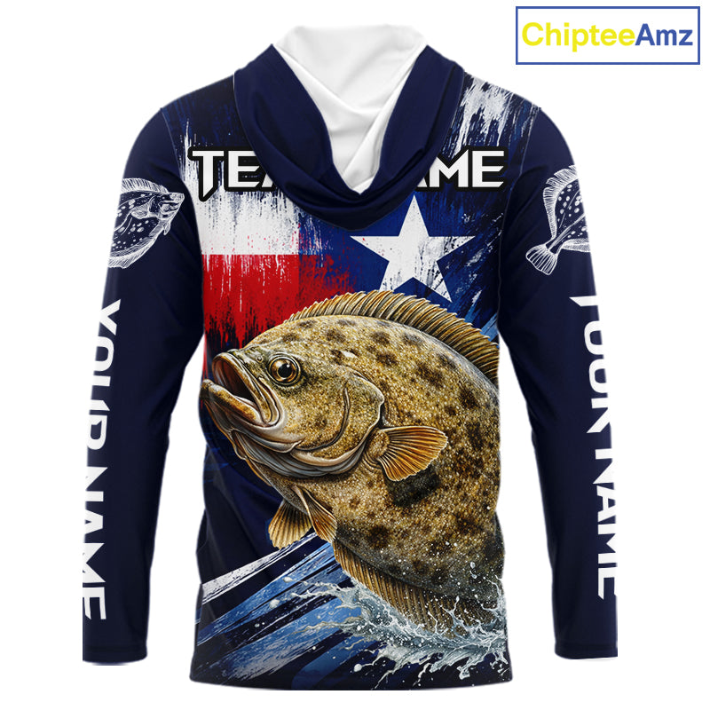 Personalized Flounder Long Sleeve Performance Fishing Shirts, Hooded Flounder Custom Texas Fishing Jersey NHT504