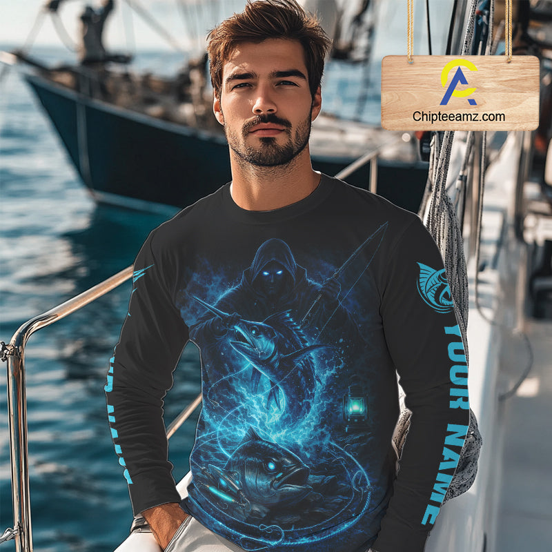Personalized Marlin Fishing Shirt Long Sleeve For Men, Marlin Action Angler Shirt NHT436
