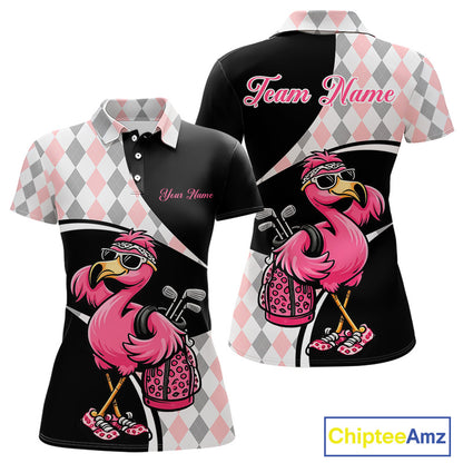 Funny Pink Flamingo Pattern Argyle Golf Polo Shirt For Womens, Custom Flamingo Golf Shirt For Team NHT652