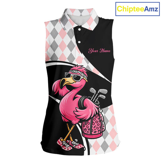 Funny Pink Flamingo Pattern Argyle Sleeveless Womens Golf Polo Shirt, Custom Flamingo Golf Shirt For Team NHT652