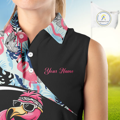 Funny Pink Flamingo Pattern Tropical Flamingo Sleeveless Womens Golf Polo Shirt, Custom Flamingo Golf Shirt For Team NHT653