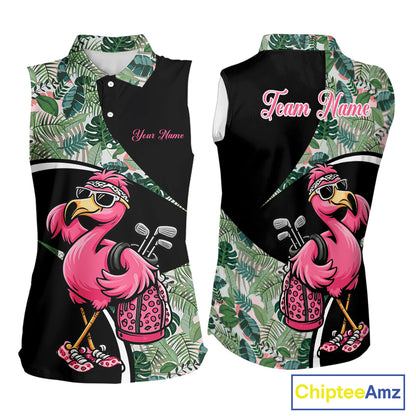Funny Pink Flamingo Pattern Green Tropical Sleeveless Womens Golf Polo Shirt, Custom Flamingo Golf Shirt For Team NHT654