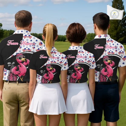 Funny Pink Flamingo Pattern American Flag Golf Polo Shirt For Womens, Custom Flamingo Golf Shirt For Team NHT655