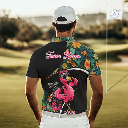 Funny Pink Flamingo Green Tropical Golf Polo Shirt For Men, Custom Flamingo Golf Shirt For Team NHT656