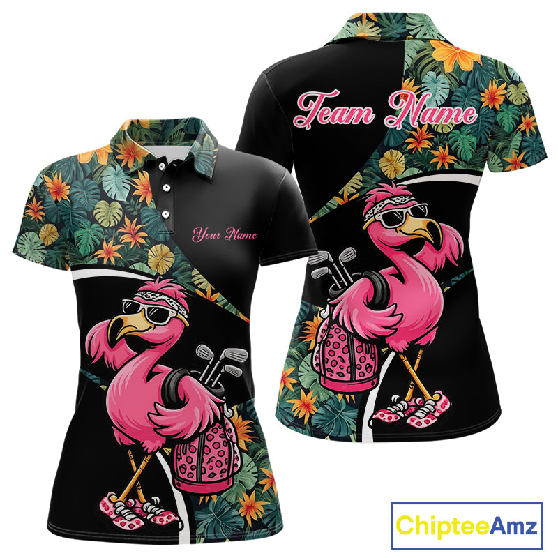 Funny Pink Flamingo Green Tropical Golf Polo Shirt For Womens, Custom Flamingo Golf Shirt For Team NHT656