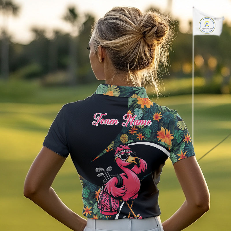 Funny Pink Flamingo Green Tropical Golf Polo Shirt For Womens, Custom Flamingo Golf Shirt For Team NHT656
