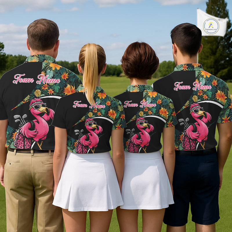 Funny Pink Flamingo Green Tropical Golf Polo Shirt For Men, Custom Flamingo Golf Shirt For Team NHT656
