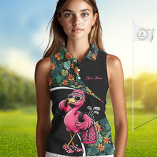 Load image into Gallery viewer, Funny Pink Flamingo Green Tropical Sleeveless Womens Golf Polo Shirt, Custom Flamingo Golf Shirt For Team NHT656