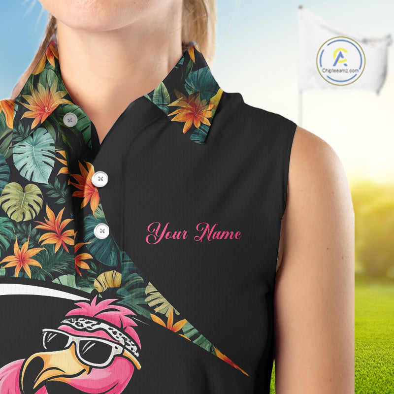Funny Pink Flamingo Green Tropical Sleeveless Womens Golf Polo Shirt, Custom Flamingo Golf Shirt For Team NHT656