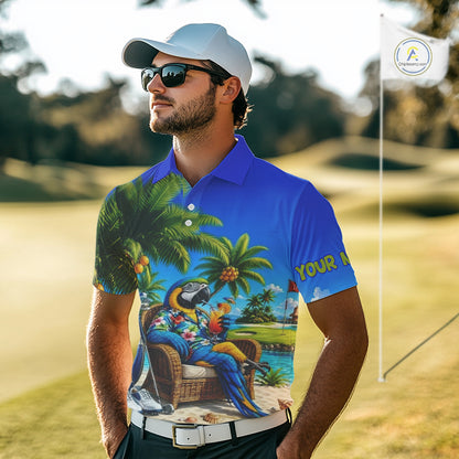 Custom Team Name Tropical Golf Polo Shirt – Funny Macaw Parrot Beach Golf Shirt For Men NHT859