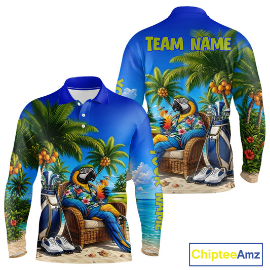 Custom Team Name Tropical Golf Polo Shirt – Funny Macaw Parrot Beach Golf Shirt For Men NHT859