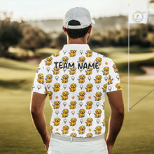 Load image into Gallery viewer, Man wearing a white polo shirt with yellow dog pattern on a golf course
