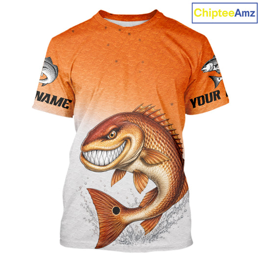 An orange-to-white gradient graphic t-shirt featuring a large cartoon-style smiling fish jumping across the front. The shirt has placeholder text on the sleeves ('NAME' and 'YOUR') and a 'ChipteeAmz' logo watermark in the top right corner.