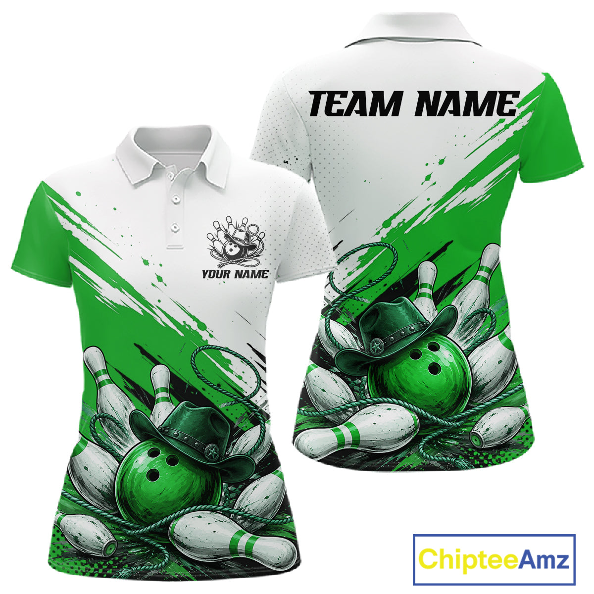 Front and back views of a custom short-sleeve polo shirt featuring a green and white bowling-themed graphic with bowling balls, pins, ropes, and cowboy hats. The front has a green left chest area, a white right chest area with a black bowling pin logo and 'YOUR NAME' text, and a white collar.