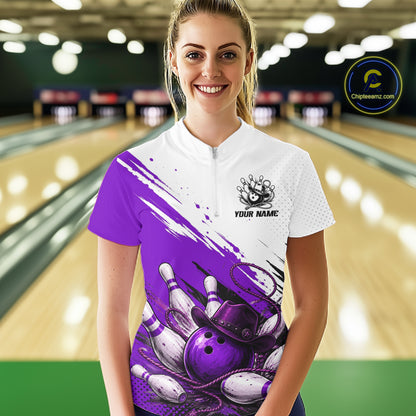 Cowboy Women Bowling Custom Name Polo Shirt, Personalized Team 1/4 Zip Bowling Jersey Gift|Purple NHT1326