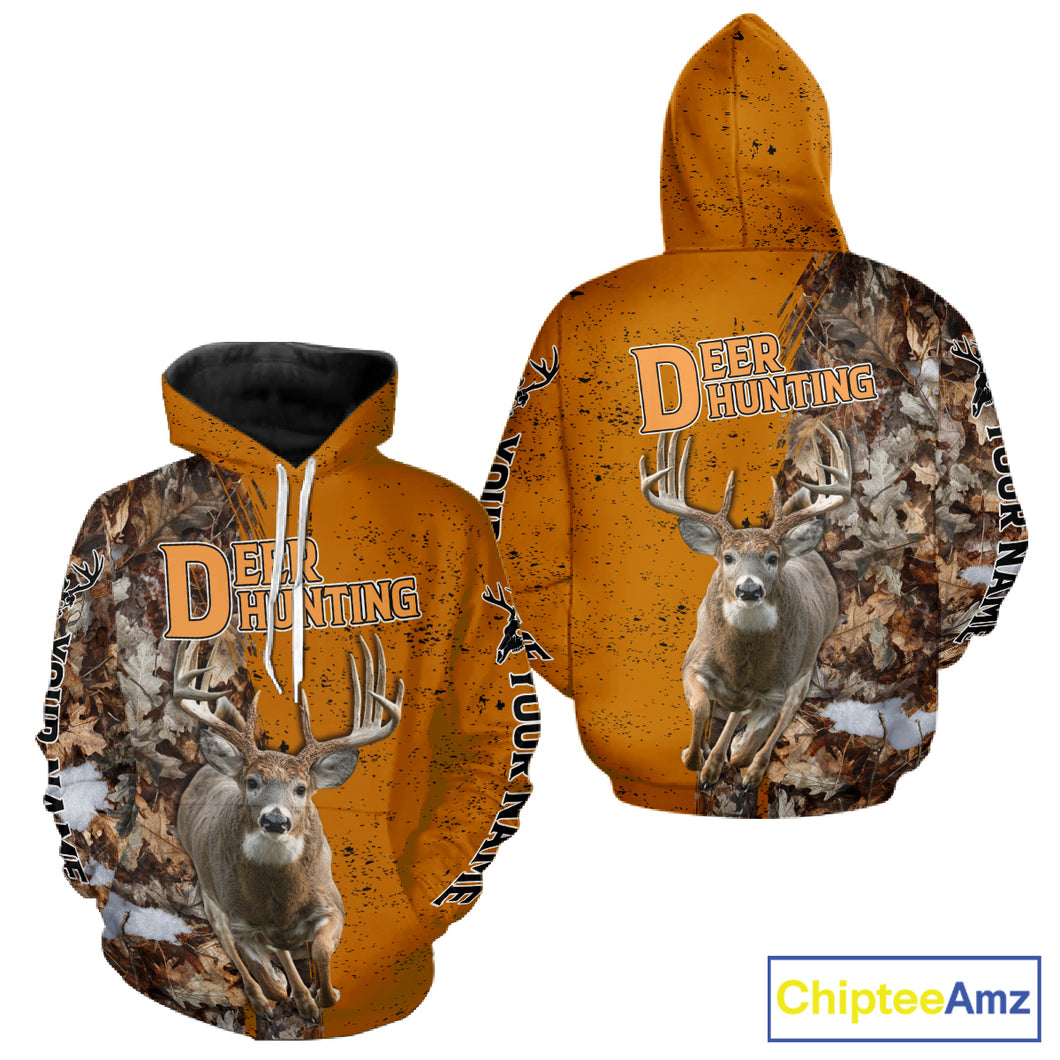 Hunting Shirt with Running Deer Design – Blaze Orange Camo Custom Name 3D Print NHT288