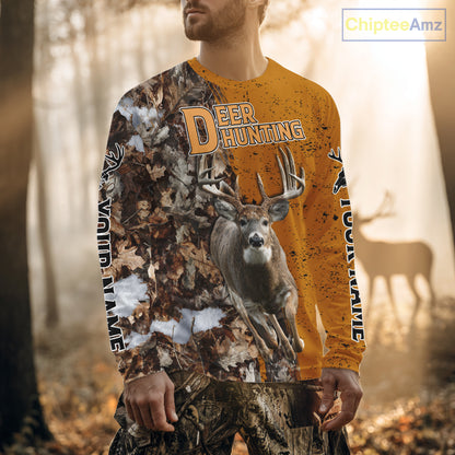 Hunting Shirt with Running Deer Design – Blaze Orange Camo Custom Name 3D Print NHT288
