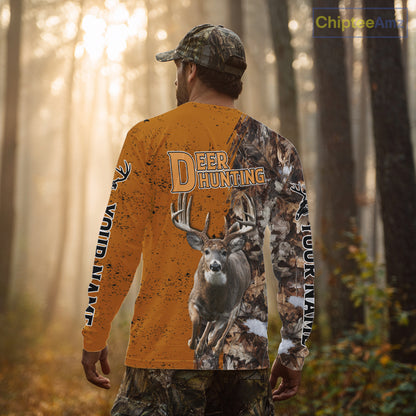 Hunting Shirt with Running Deer Design – Blaze Orange Camo Custom Name 3D Print NHT288